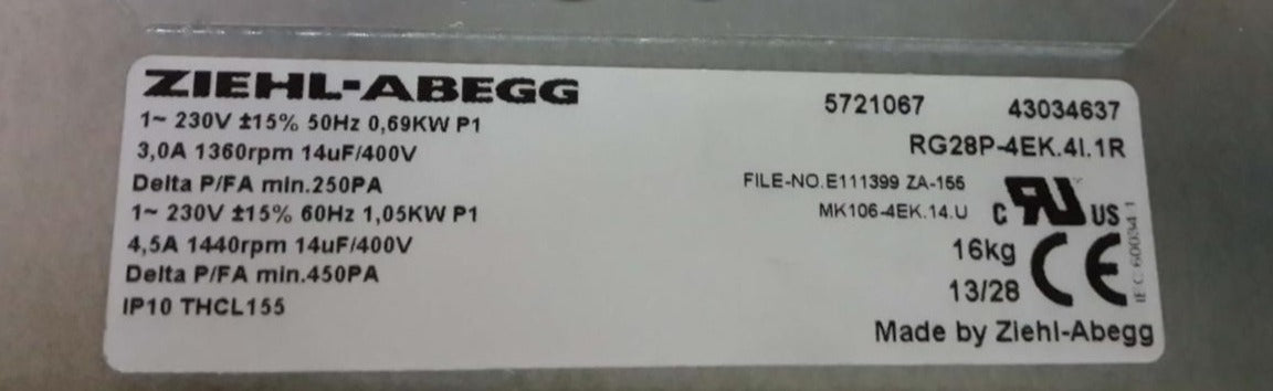 RG28P-4EK.4I.1R 6SL3362-0AG00-0AA1 ZIEHL-ABEGG centrifugal fan for Siemens S120 frequency converters Fan