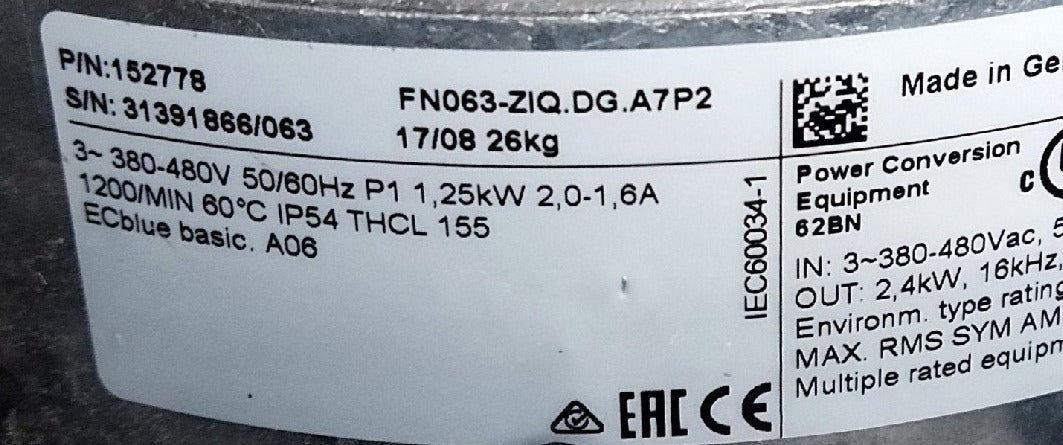 FN063-ZIQ.DG.A7P2 ZIEHL-ABEGG Axial Fan 3~380/480V 3.6 kW 5.8/4.6 A