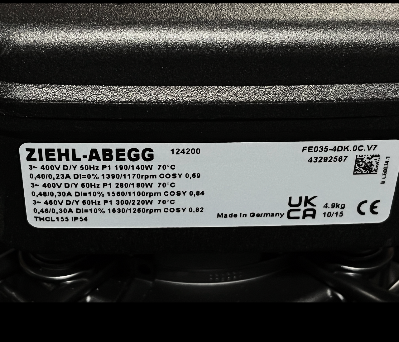 FE035-4DK.0C.V7 ZIEHL-ABEGG Axial Fan 0.26kW 3-460V 0.34A 1560rpm