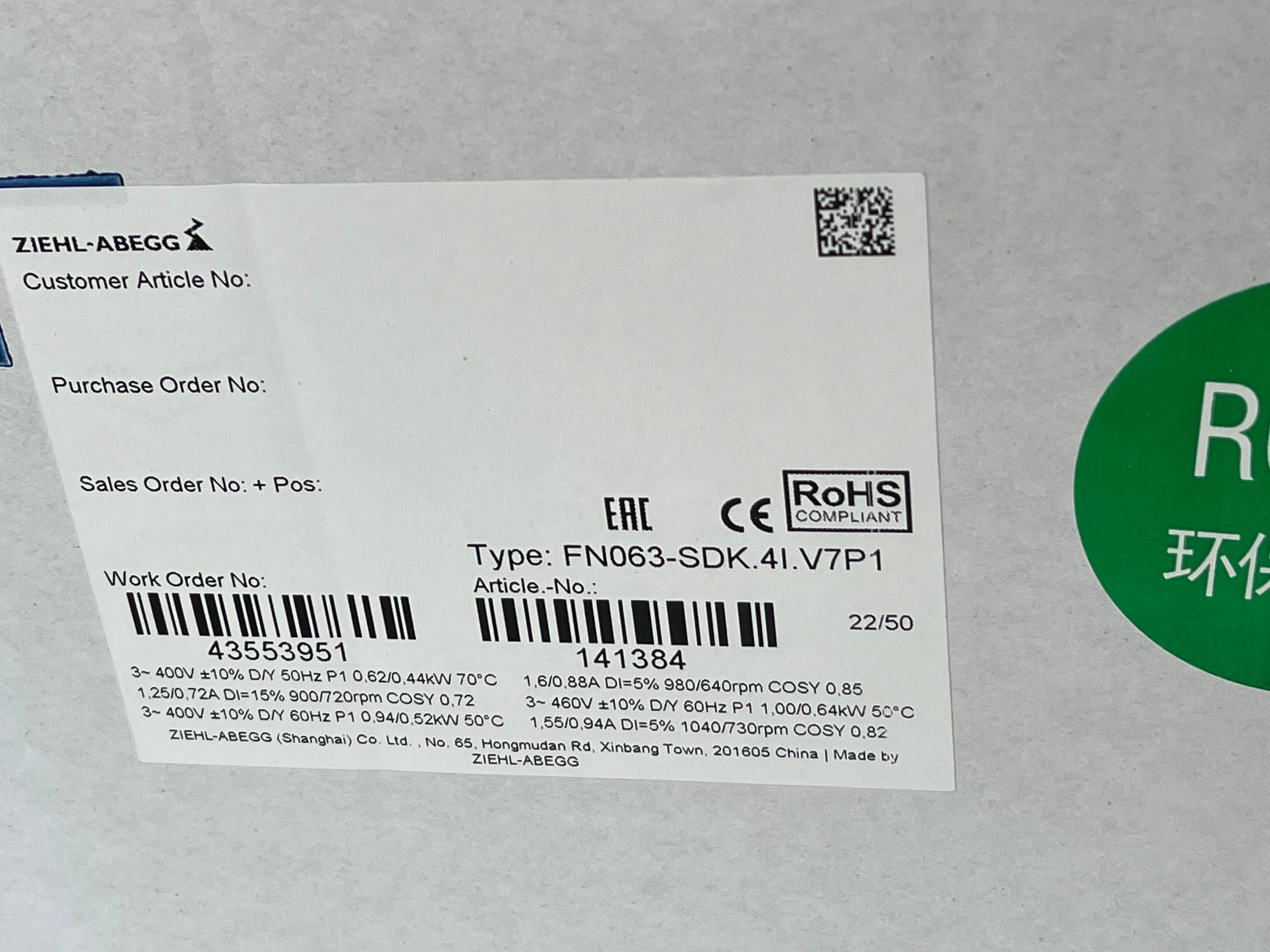 FN063-SDK.4I.V7P1  ZIEHL-ABEGG Axial Fan 3-400V 50/60HZ 0.62/0.44 kW 1.25/0.72A