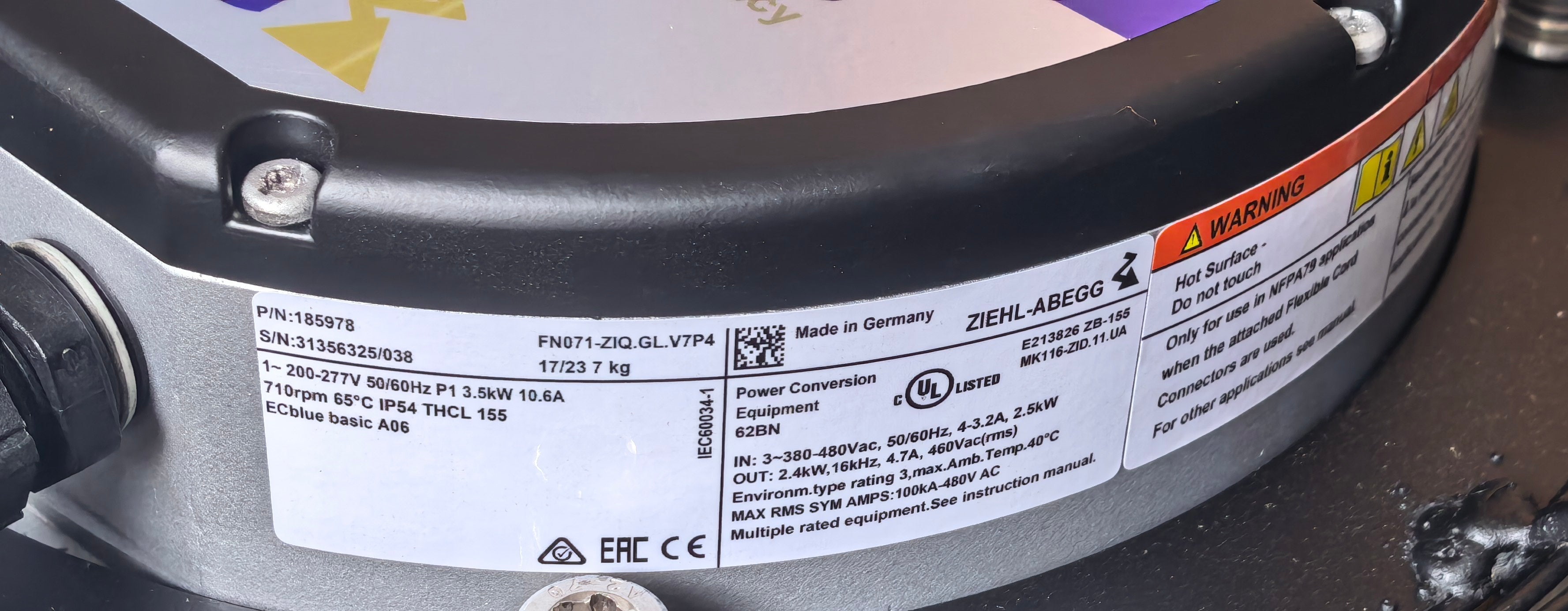 FN071-ZIQ.GL.V7P4 ZIEHL-ABEGG Axial Fan 380/480V 4.6 kW 7.2/5.8 A