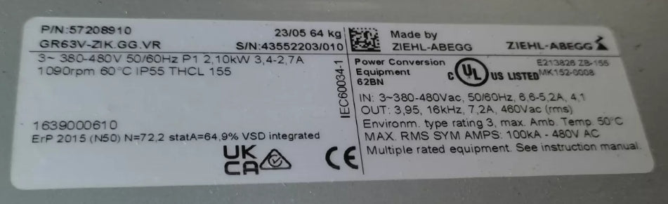 GR63V-ZIK.GG.VR ZIEHL-ABEGG centrifugal fan 2.1KW 3~380/480V 3.4/2.7A 1090rpm