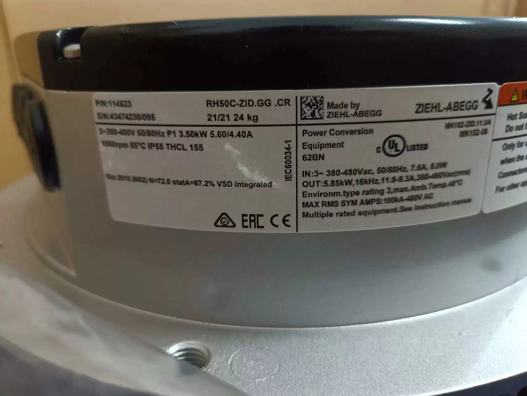 RH50C-ZID.GG.CR(Art No:114623) ZIEHL-ABEGG centrifugal fan 380V/480V 3.5kW 5.60-4.40A 1860rpm 50/60HZ