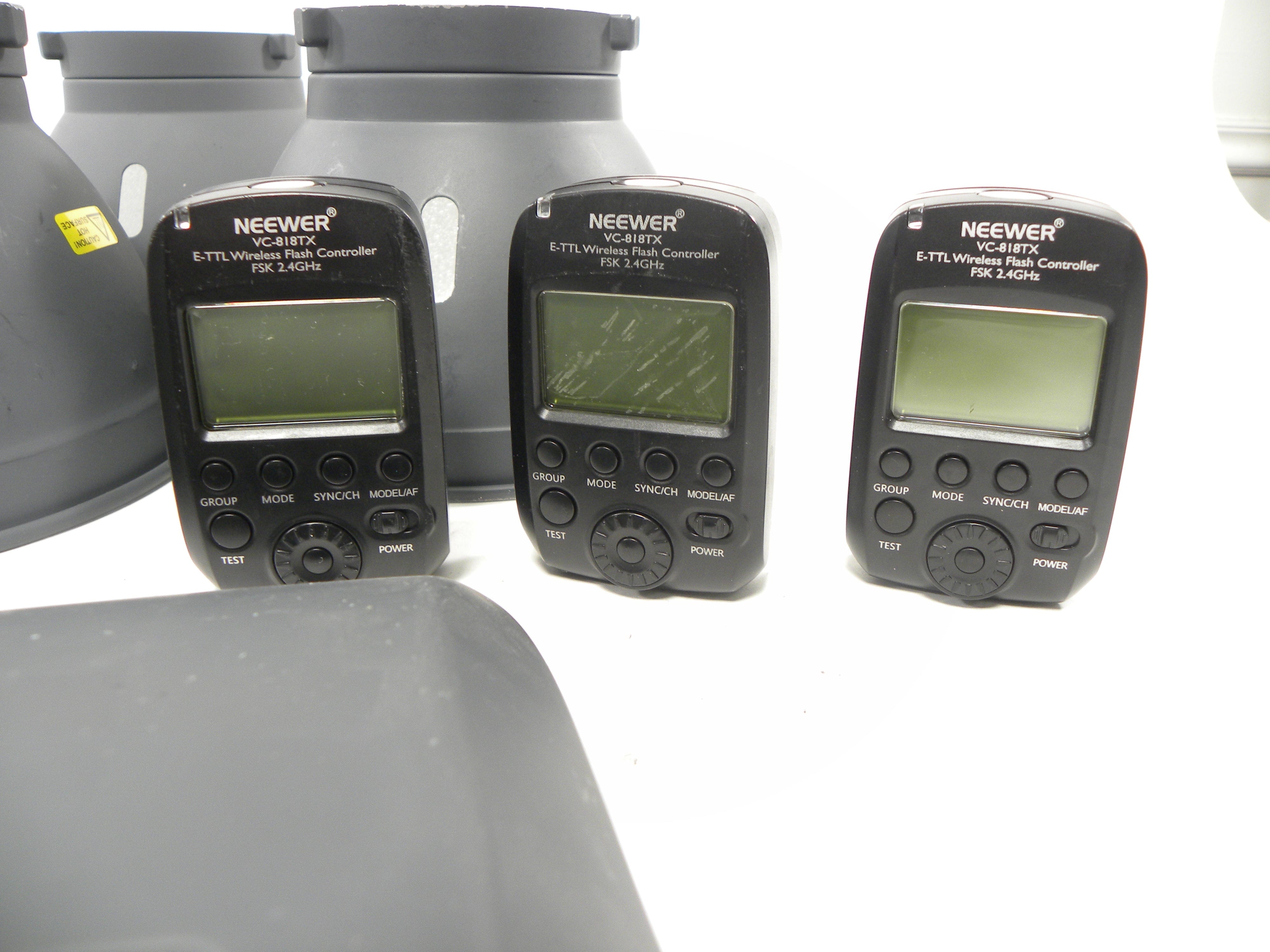 Neewer Vision 5 TTL Strobes x3 w/AC Adapters/ Strobe Reflectors/Transmitters