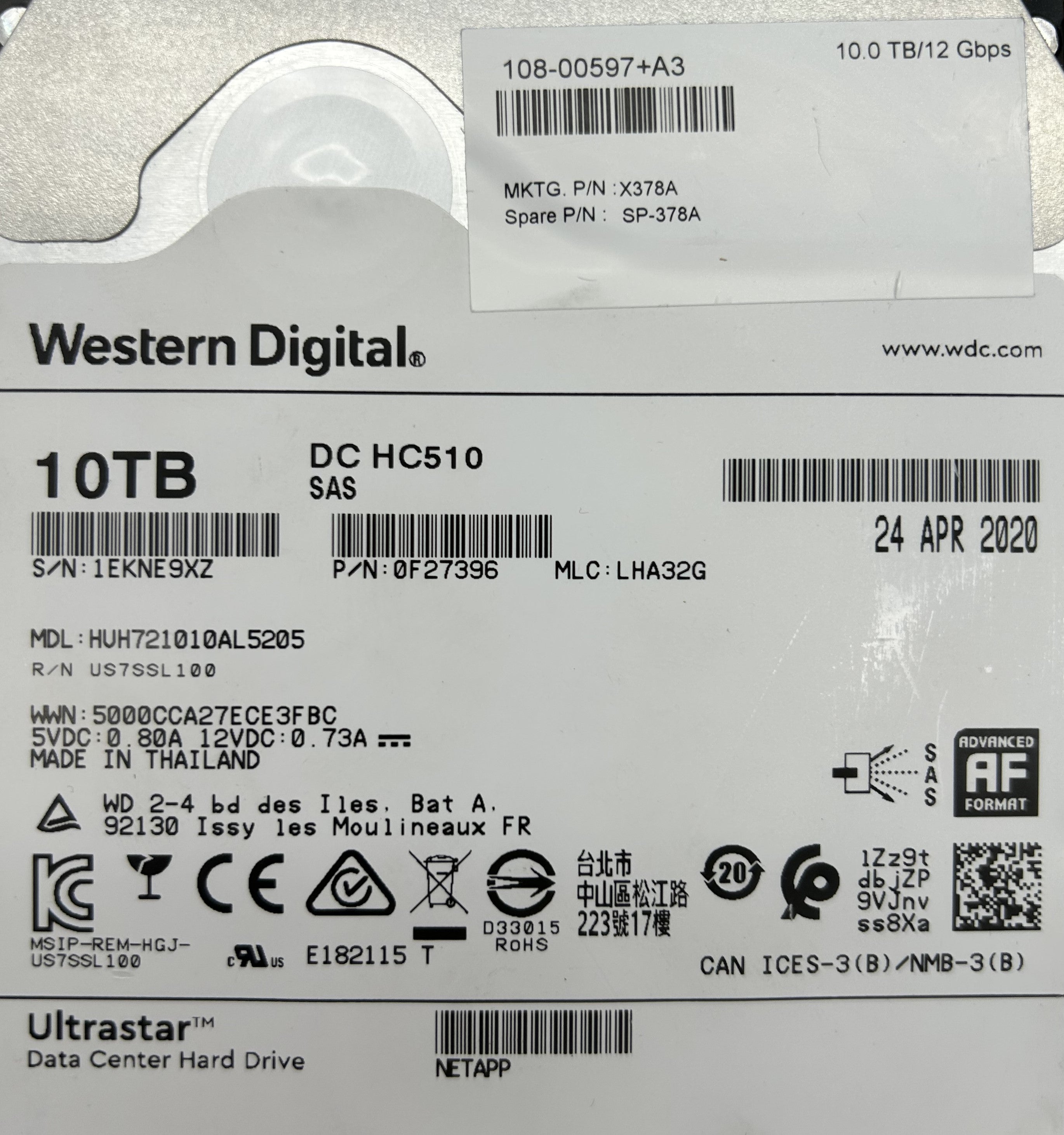 NetApp X378A 10TB 7.2K 3.5" NSE HDD DS460C