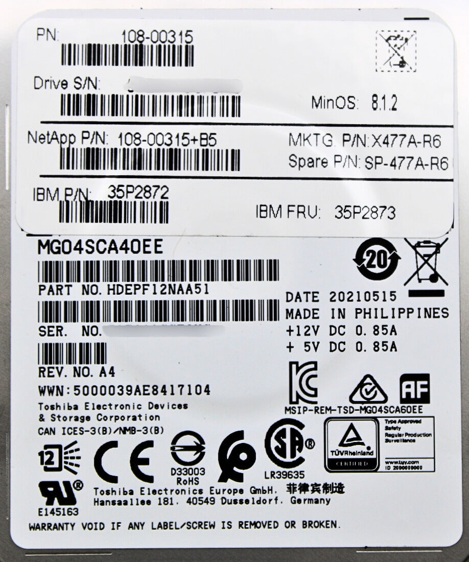 NetApp X477A-R6 4TB SAS 7.2K DRIVE (DS4246)