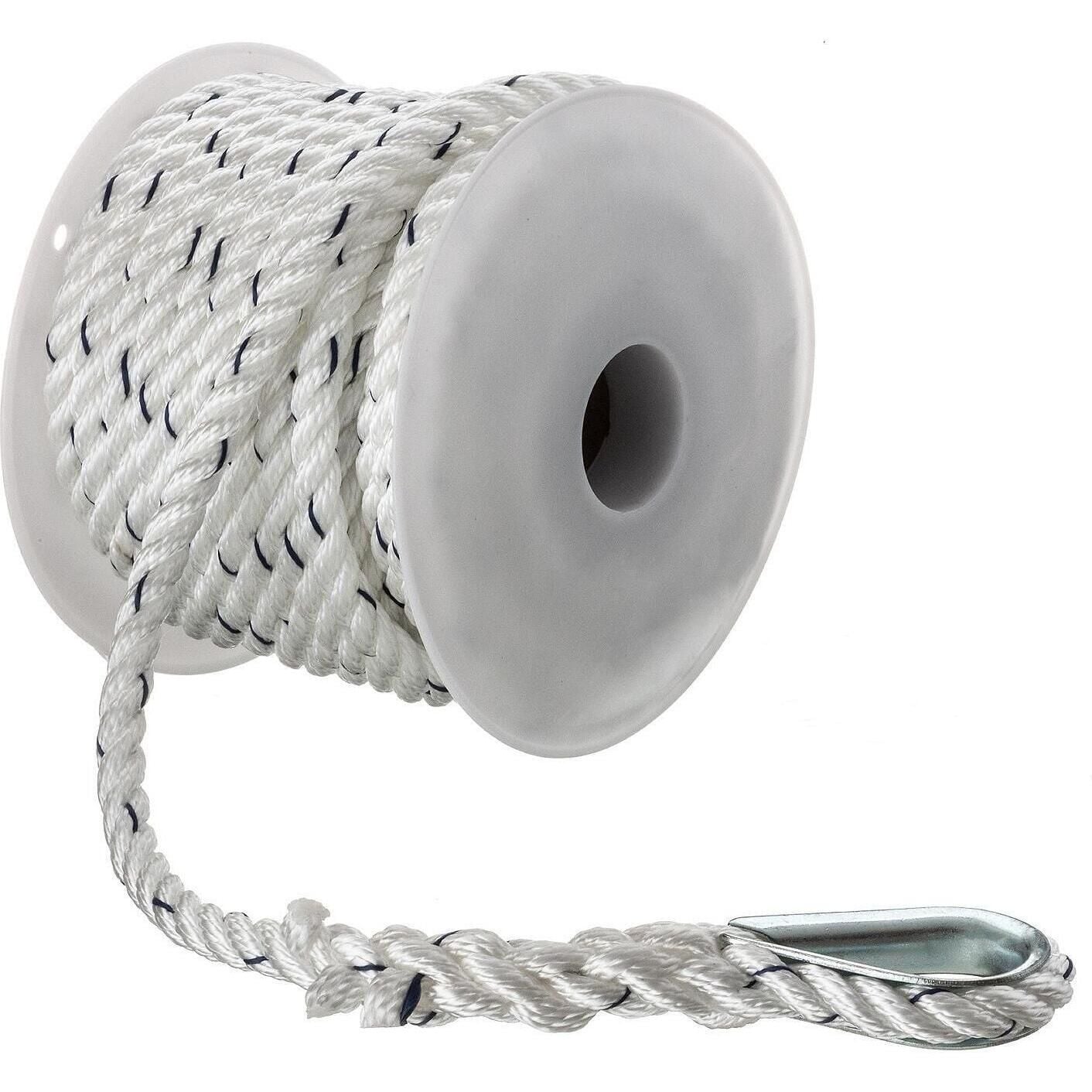 Seachoice 47691 Premium 3-Strand Twisted Nylon Anchor Line White w/ Blue Tracer, 3/8" x 50'