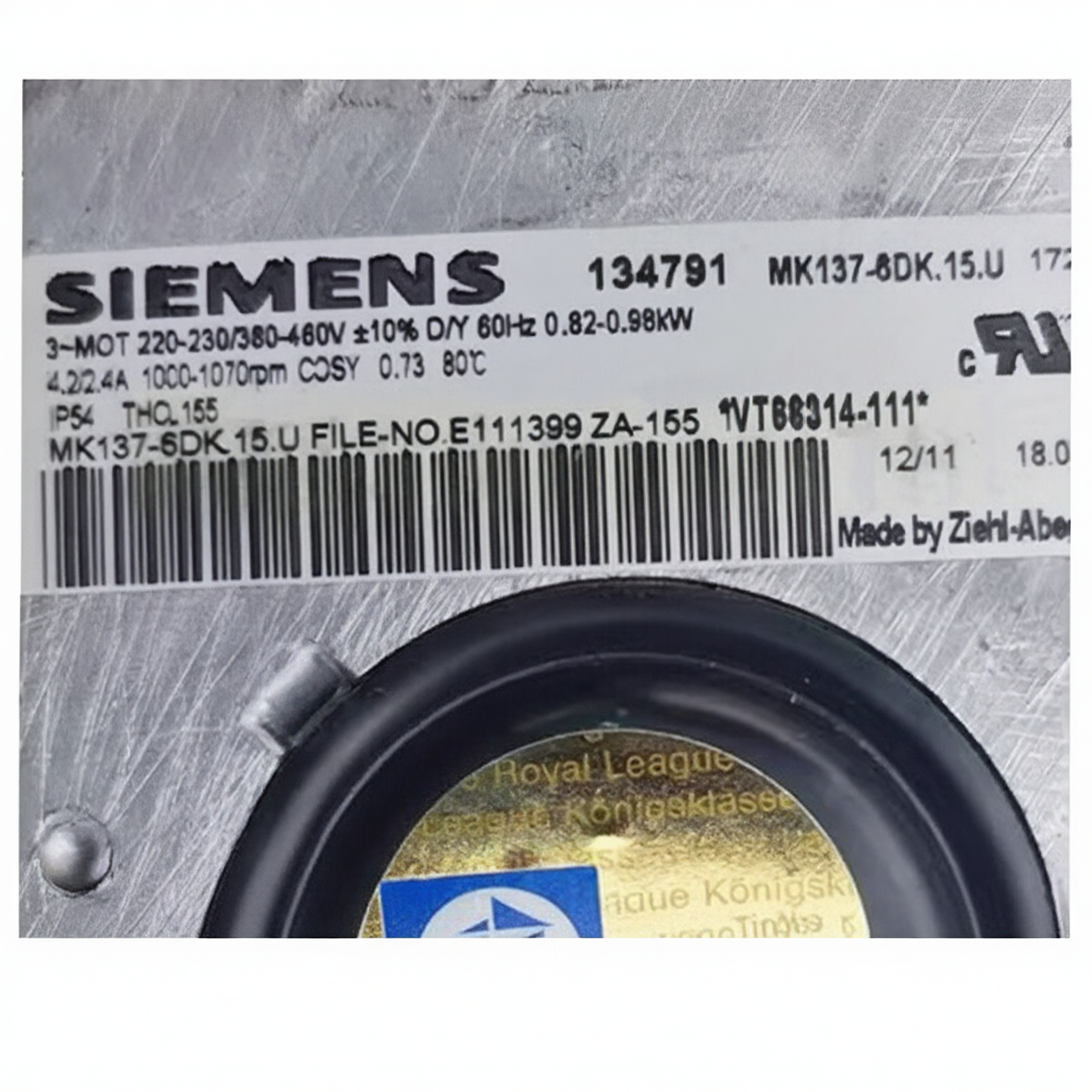 MK137-6DK.15.U ZIEHL-ABEGG centrifugal motor fan 3~230/460V 0.82/0.98kW 2.4/4.2A 1000/1070rpm