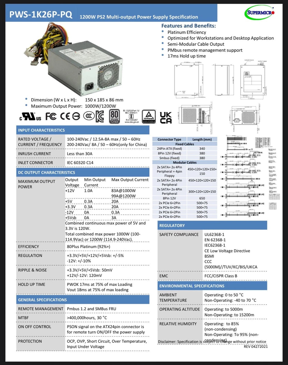 Power Supply Supermicro PWS-1K26P-PQ Server 1000W - NO BOX|336351747558