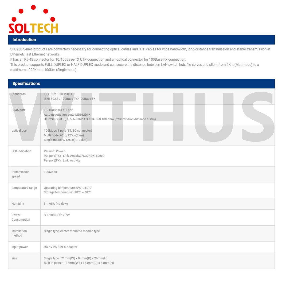 SOLTECH SFC200-SCS Fiber Optic Media Converter 10/100Mbps-TX to 100Mbps-FX_|325335250095