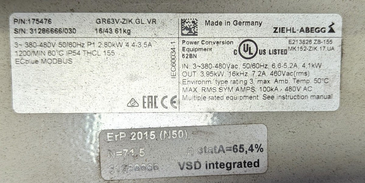 Ziehl - Abegg EC Blue Centrifugal Fan 175476 GR63V-ZIK.GL.VR 380-480v 3 ph.|257169737089