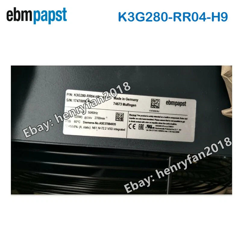 K3G280-RR04-H9 AC Ebmpapst Cooling Fan 200/277V 520W 2.3A For Siemens Motor Fan