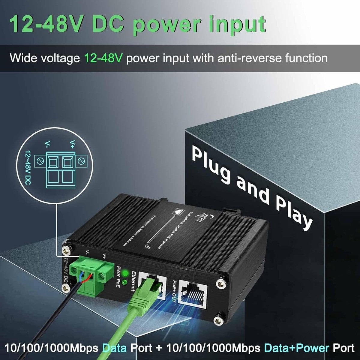Industrial 60W PoE Injector Gigabit IEEE802.3at 48V DC 12-48V DIN Rail Mount|297615711629