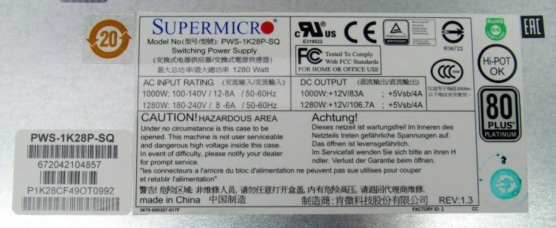 SuperMicro PWS-1K28P-SQ 80Plus Platinum 1280W Switching Power Supply|127608533152