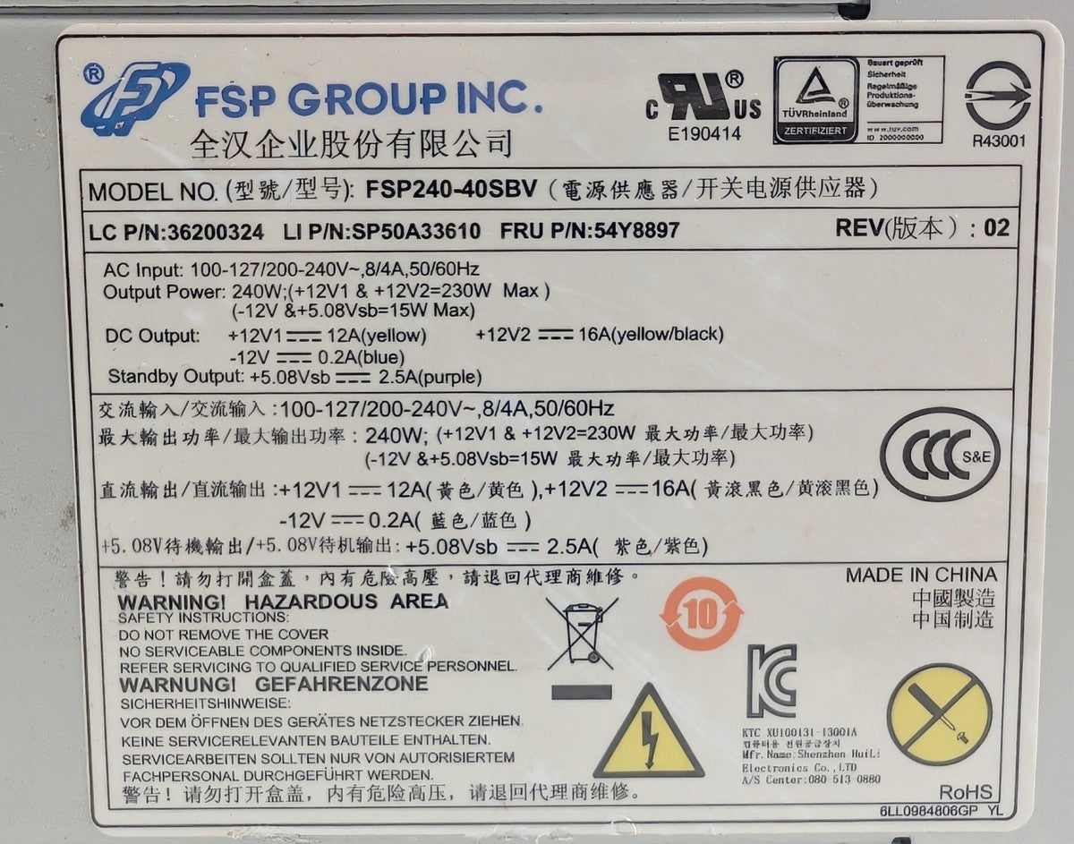 IBM Lenovo Thinkcentre M72 M73e M79 M82 M92P M93P SFF 240W Power Supply 54Y8897|167833275916