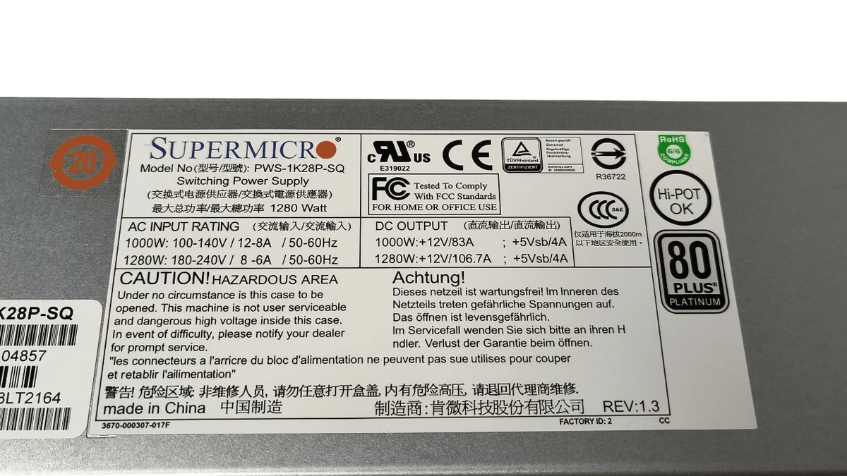 Supermicro PWS-1K28P-SQ 1280w 80 Plus Platinum Power Supply|236317778375