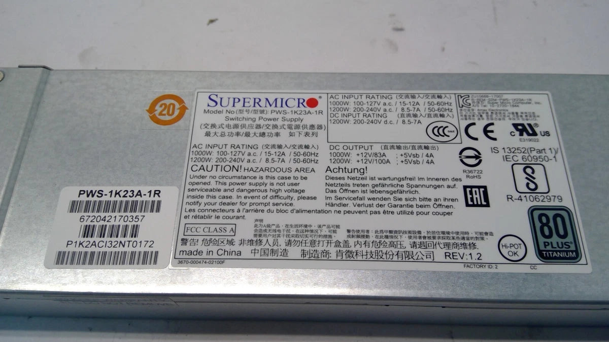 Supermicro 1200W 80Plus Titanium Power Supply PWS-1K23A-1R|326405703788