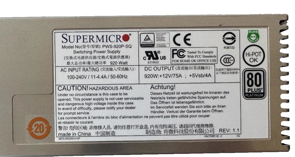 Lot of 2 SuperMicro PWS-920P-SQ 920W 1U 80+ Platinum Switching Power Supply|376508860893