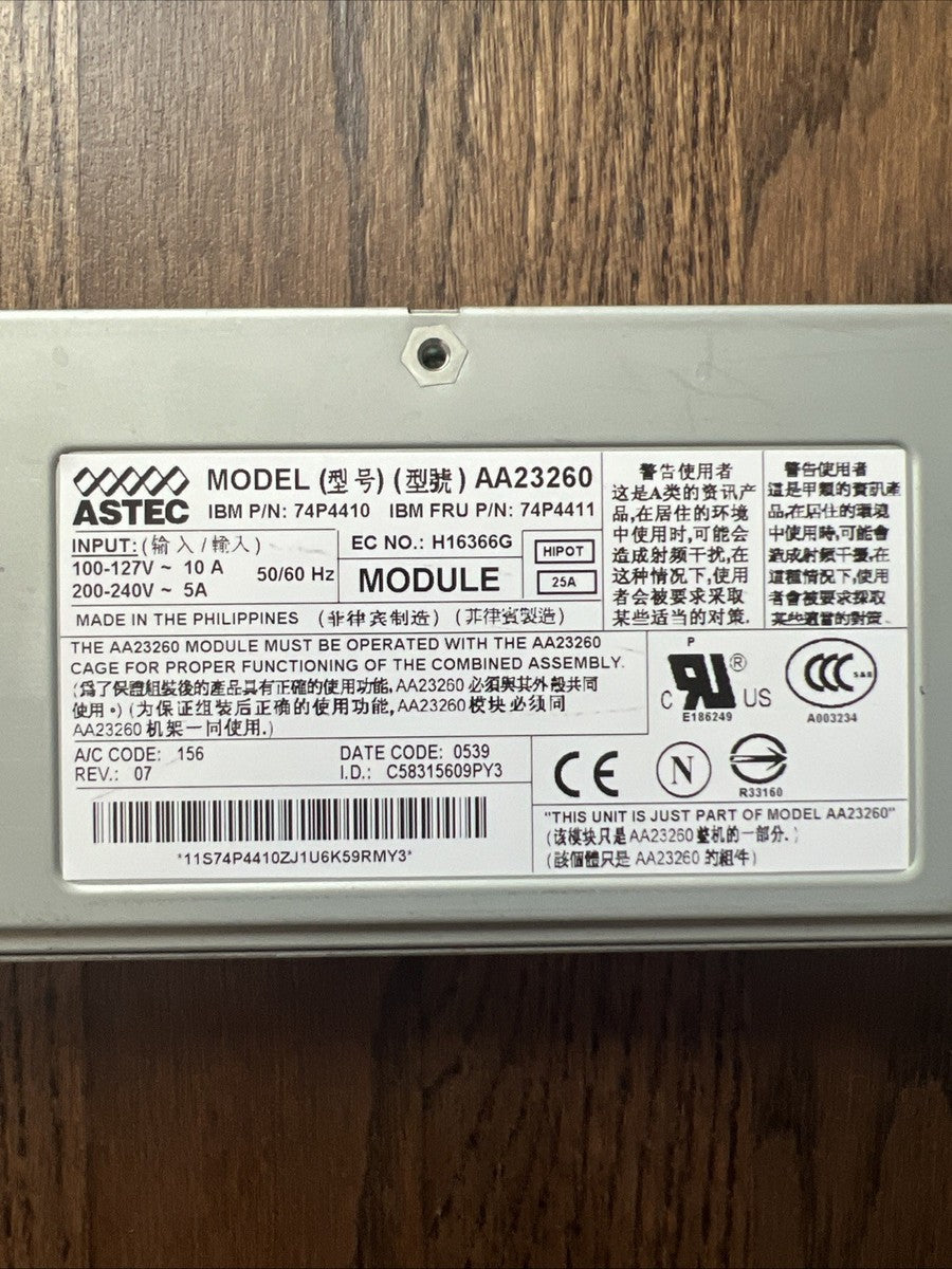 ASTEC Model AA23260 Power Supply IBM P/N 74P4410 120/240VAC Input|326788884213