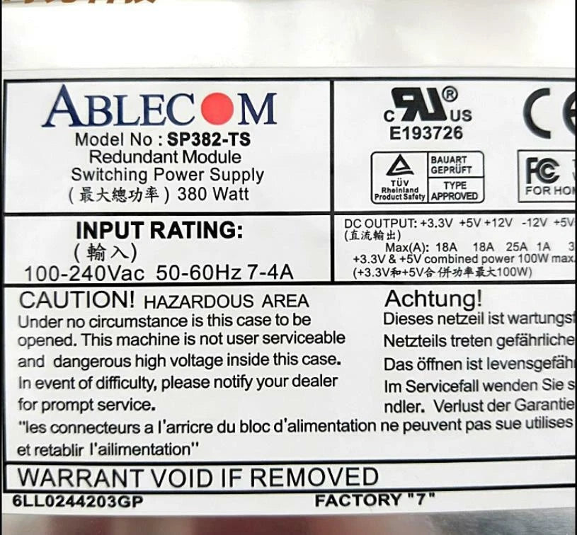 1pc NEW SUPERMICRO SP382-TS 380W Power Supply By or #V33C CH