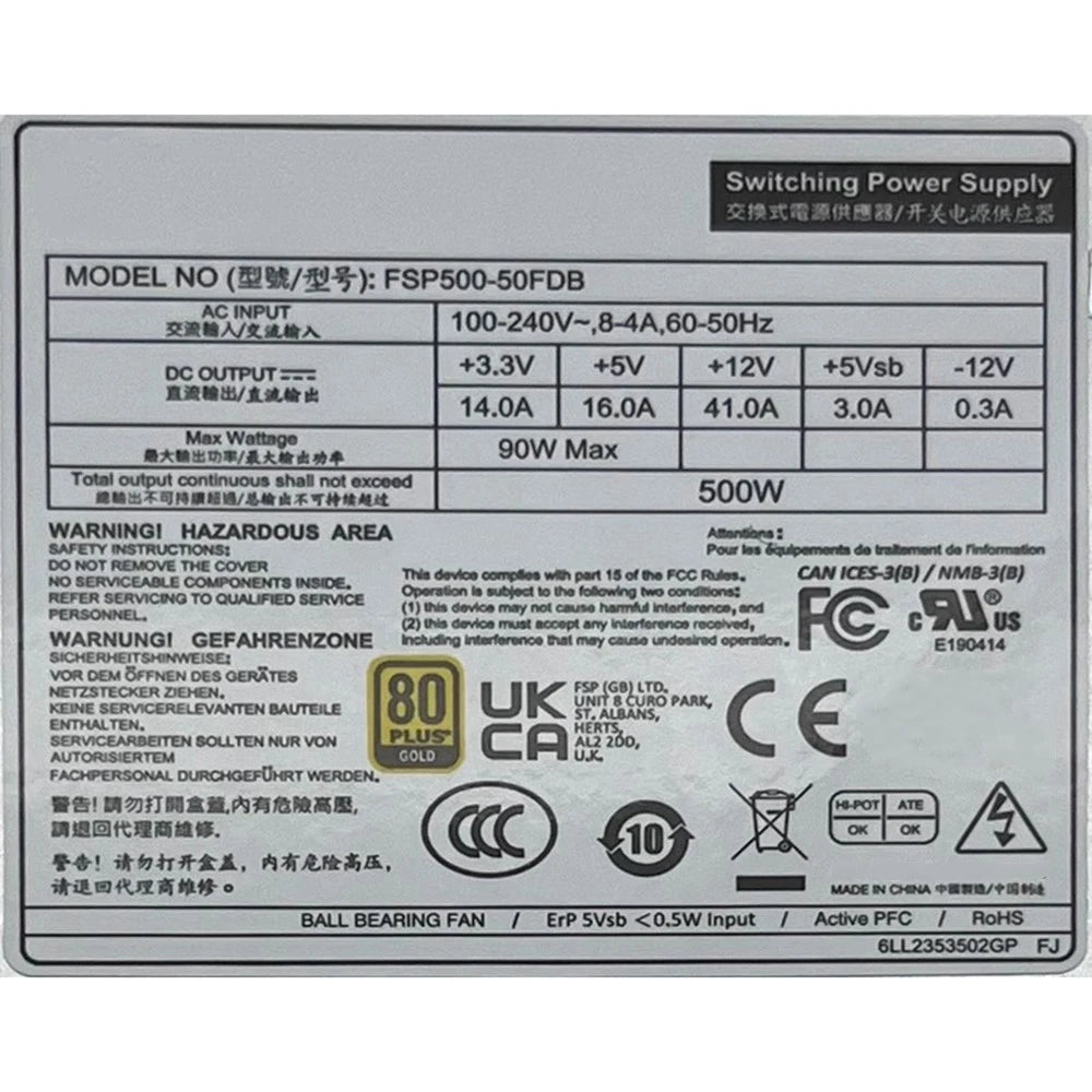 500W UL 1U 80 Plus Gold For FSP Industrial Quiet Fan Enclosed