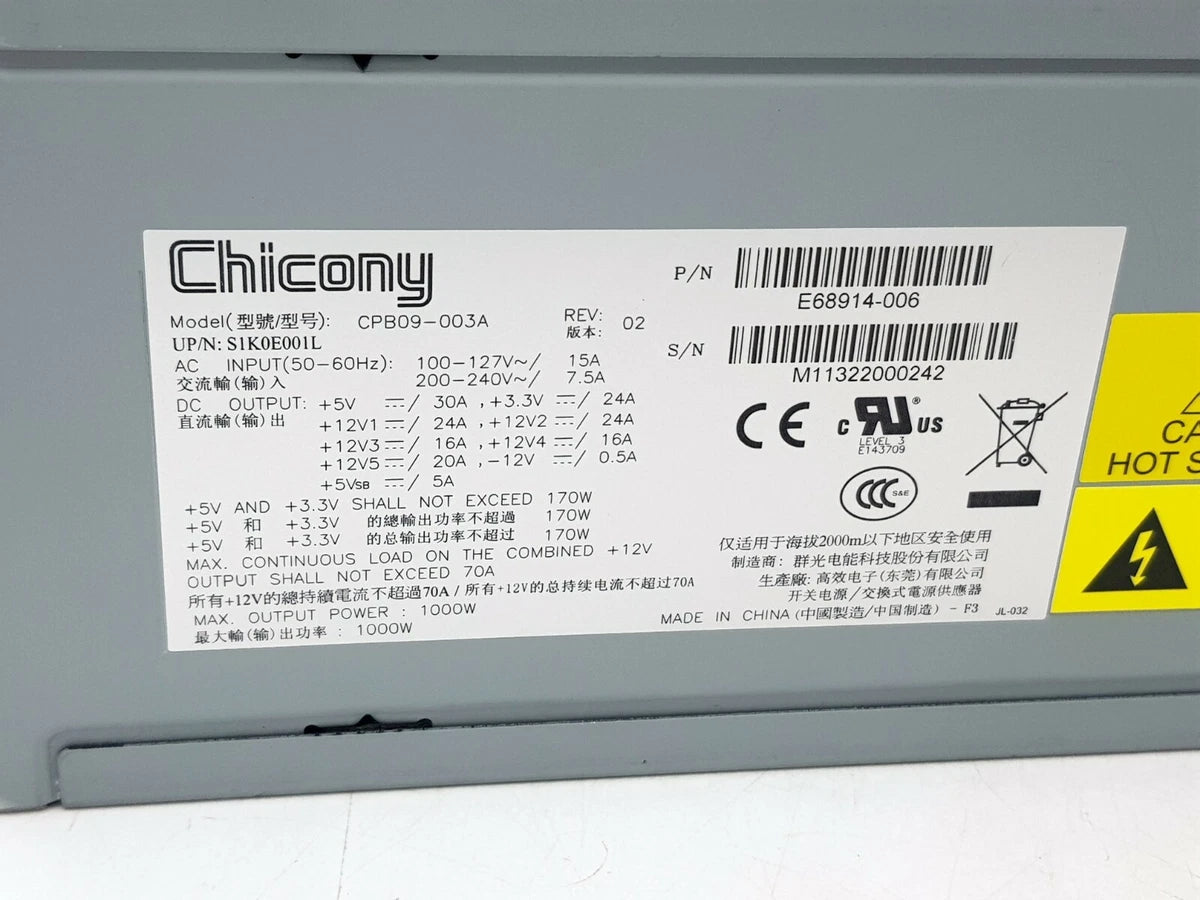 Chicony CPB09-003A E68914-006 S1K0E001L 1000W Server Power Supply