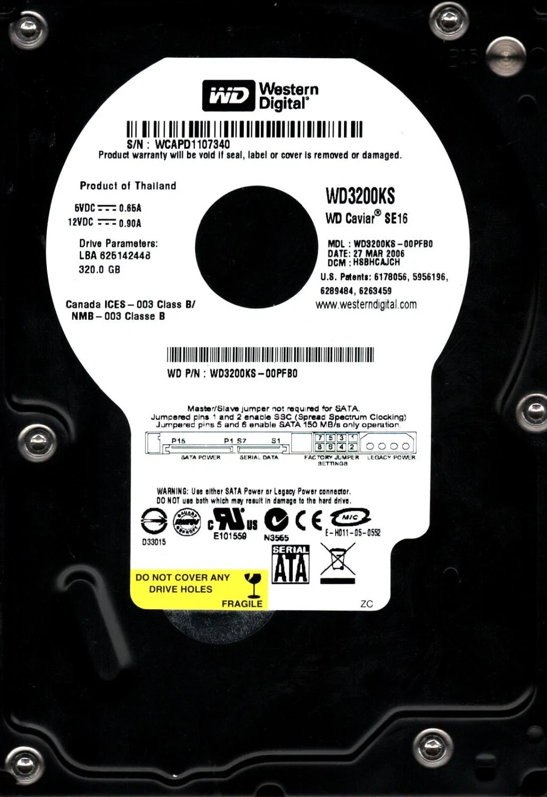 Western Digital 320GB Caviar SE16 7200 RPM 16MB Cache SATA 3.0Gb/s 3.5" Hard Drive - WD3200KS