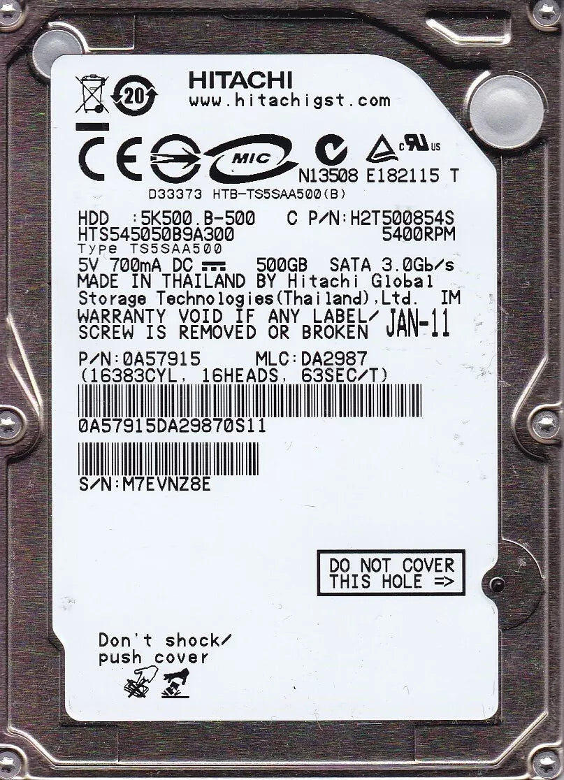 Hitachi 500Gb Travelstar 5K500.B (HTS545050B9A300) 5400 RPM 8MB Cache 2.5" SATA 3.0Gb/s Internal Notebook Hard Drive - 0A57915