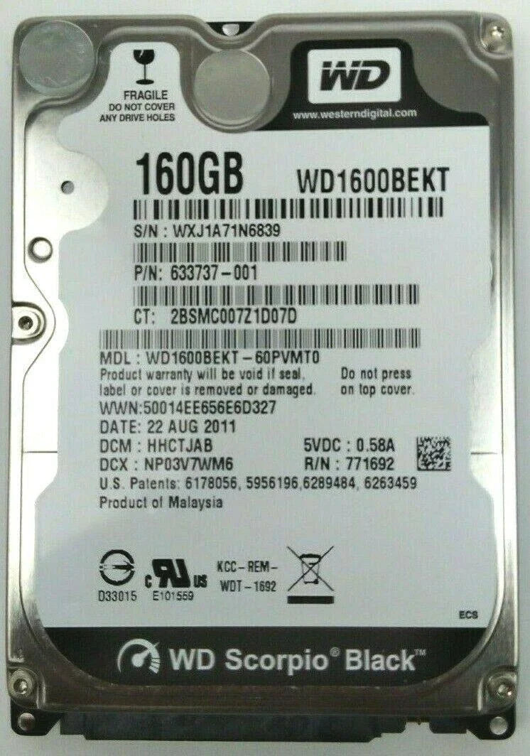 Western Digital 160GB 7200 RPM 16MB Cache SATA 3.0Gb/s 2.5" Scorpio Black  Internal Notebook Hard Drive - WD1600BEKT