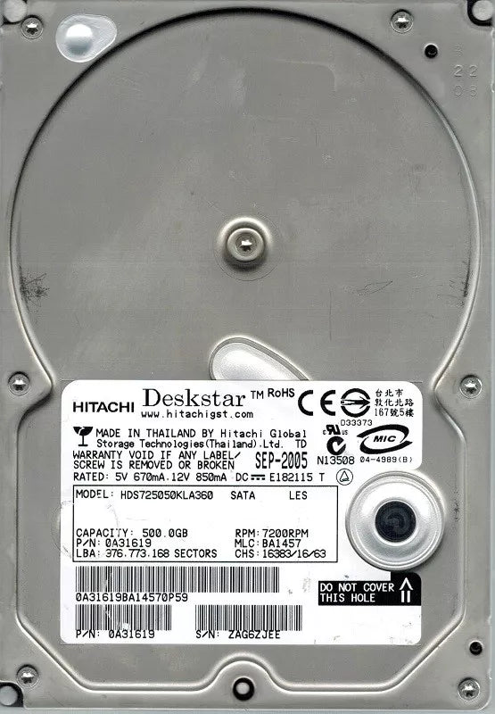 Hitachi 500GB 7200 RPM 3.5" SATA HDS725050KLA360 Desktop Hard Drive - 0A31619 / 0A32993***Used Like New***