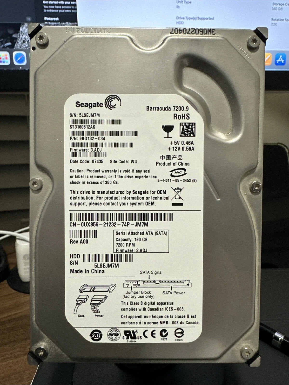 Seagate 160GB 7200.9rpm 8MB Cache SATA 3.0Gb/s 3.5" Hard Drive - ST3160812AS (Like New)