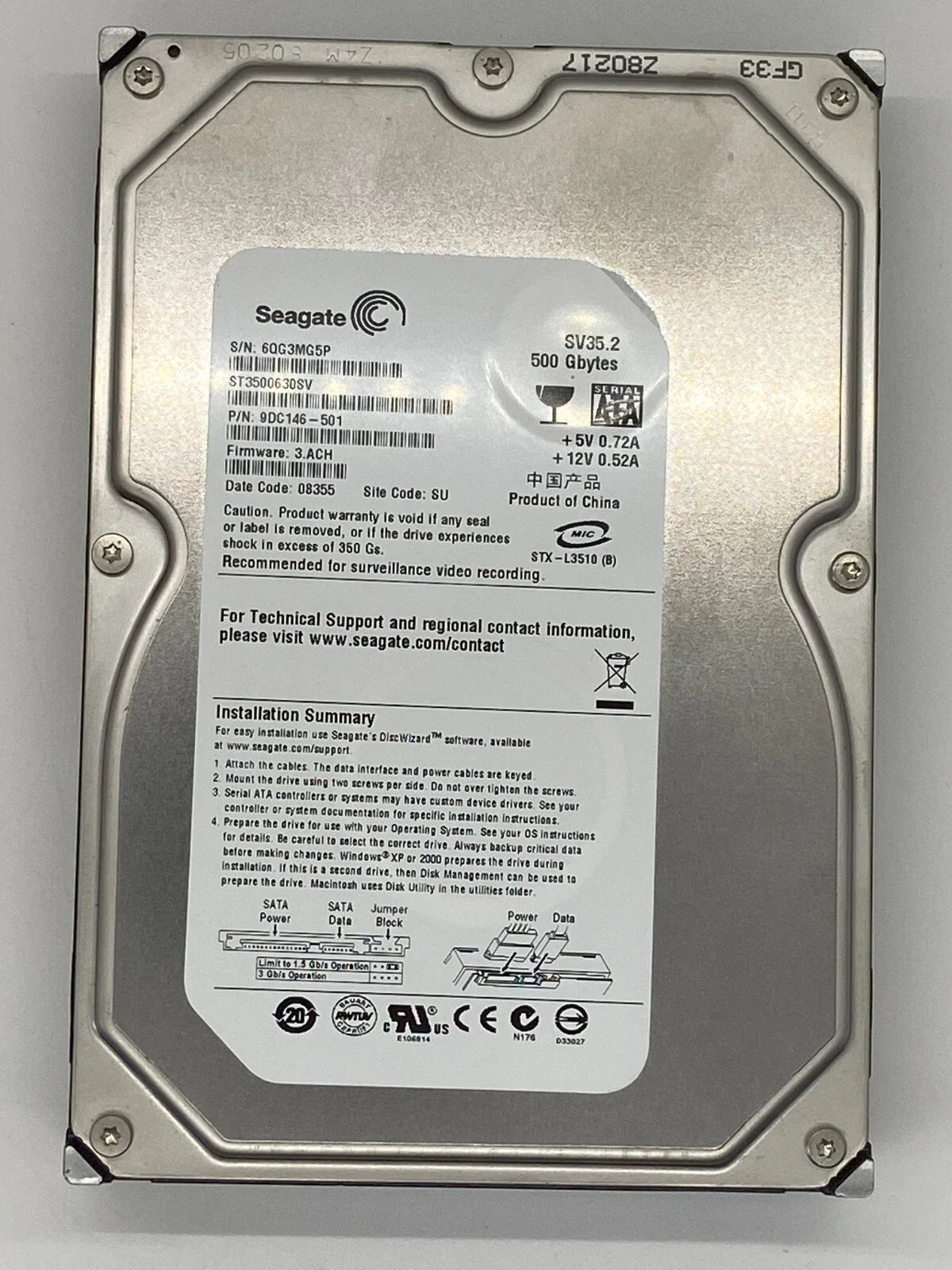Seagate 500GB SV35.2 7200RPM 16MB Cache SATA 3.0Gb/s 3.5" Hard Drive - ST3500630SV (Like New)