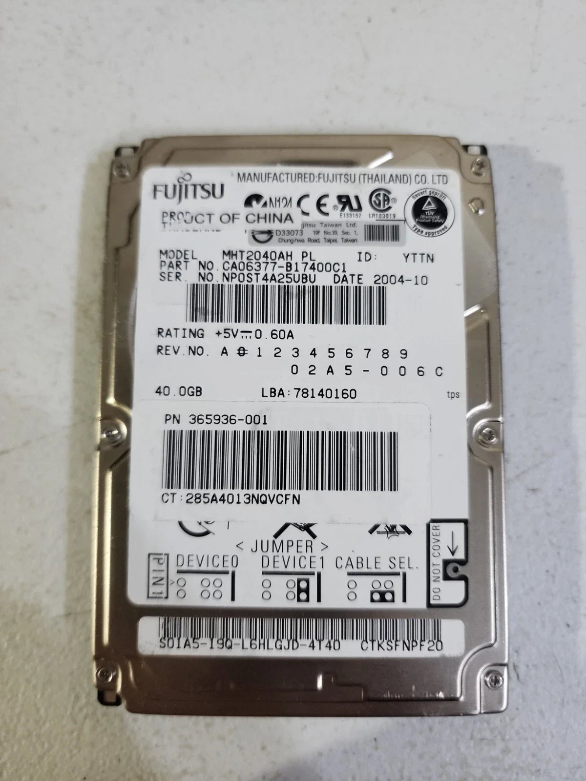 Fujitsu 40GB 5400 RPM 8MB Cache IDE Ultra ATA100 / ATA-6 2.5" Laptop Hard Drive - MHT2040AH.