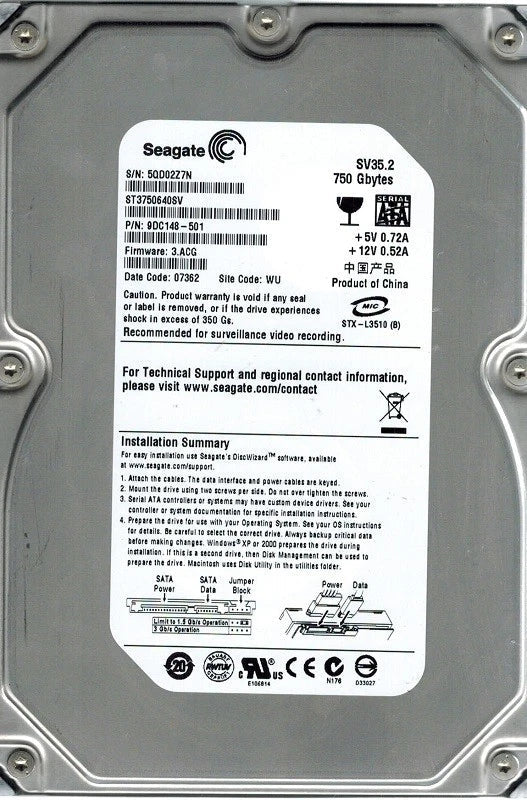 Seagate 750GB SV35.2 7200rpm 16MB Cache &nbsp;SATA 3.0Gb/s Internal Hard Drive - ST3750640SV (Like New)