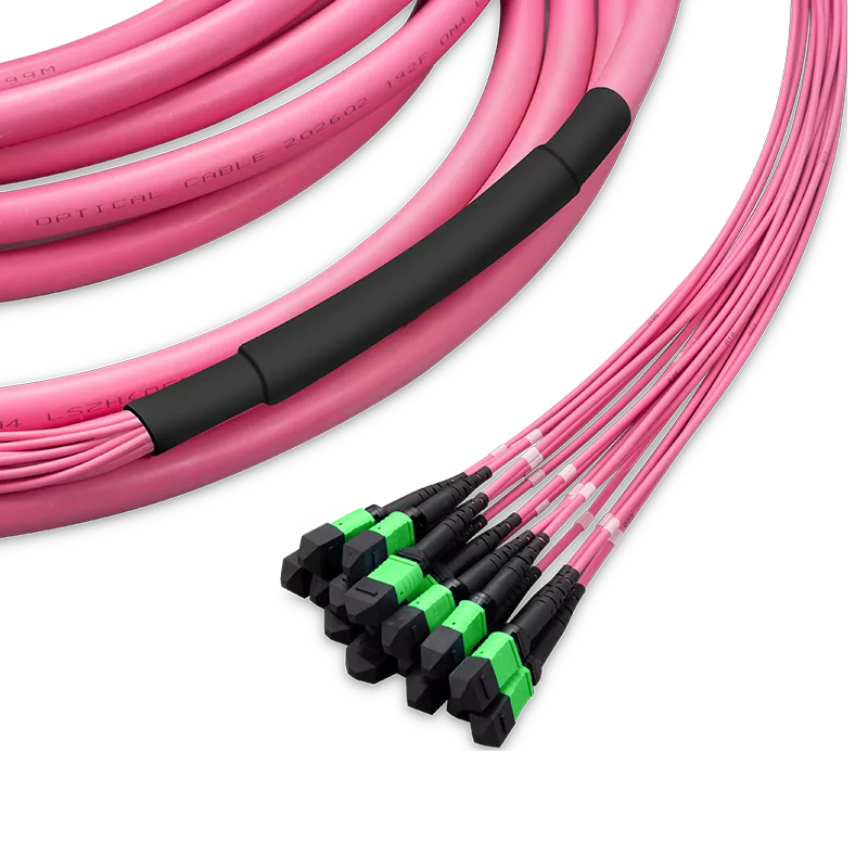 Pre-terminated MPO 4x4 Shuffle Trunk Cable, 256 Fibers, 32 x MPO-8 APC (Male) to 32 x MPO-8 APC (Male), Multimode  (OM4), Type 4, LSZH, 0.35dB Max, Breakout 80cm, Magenta