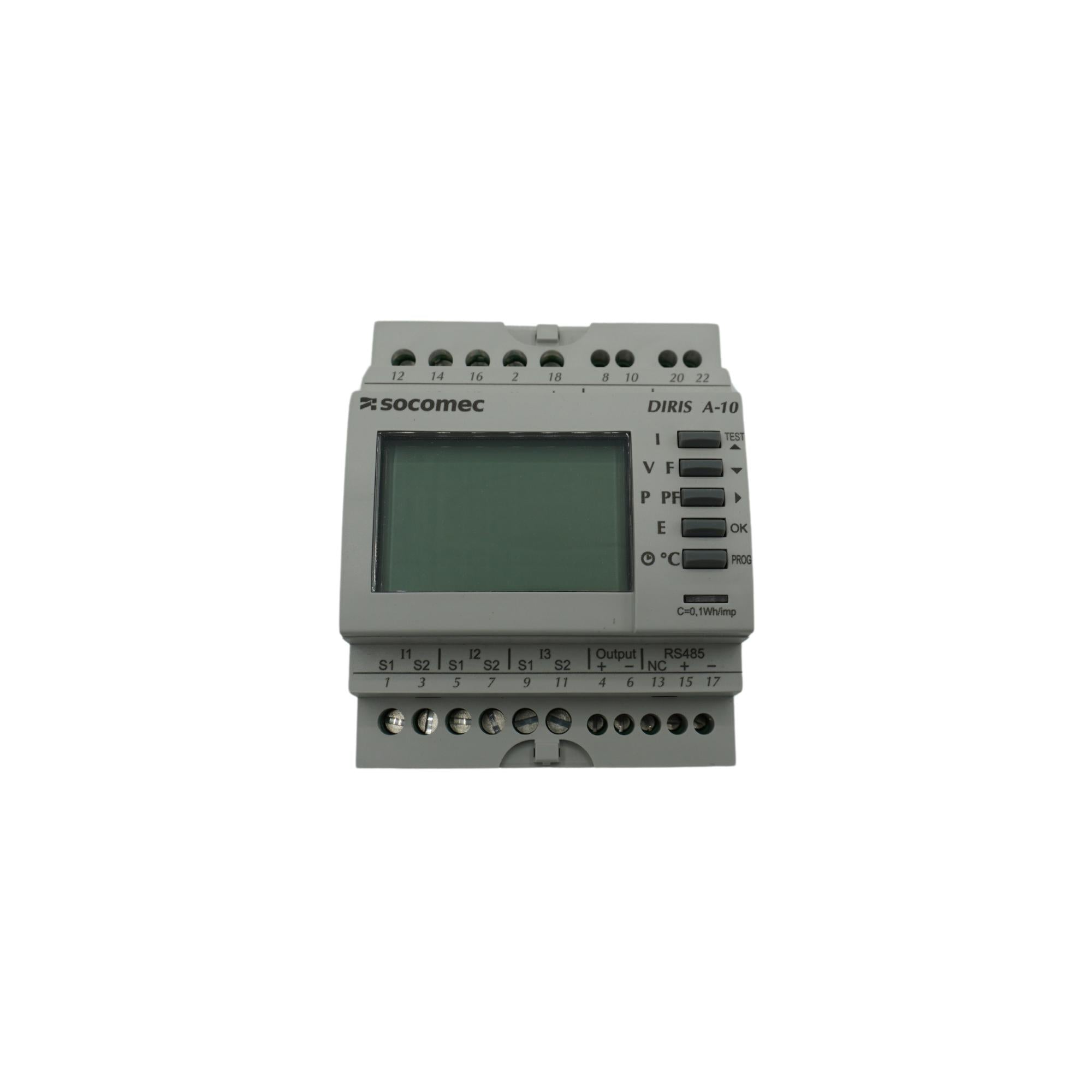 Socomec | DIRIS A10 multifunction power meter, current and voltage input, 3-line backlit LCD, configurable output, 110-277 VAC operating voltage, RS-485 Modbus RTU. | 48250401