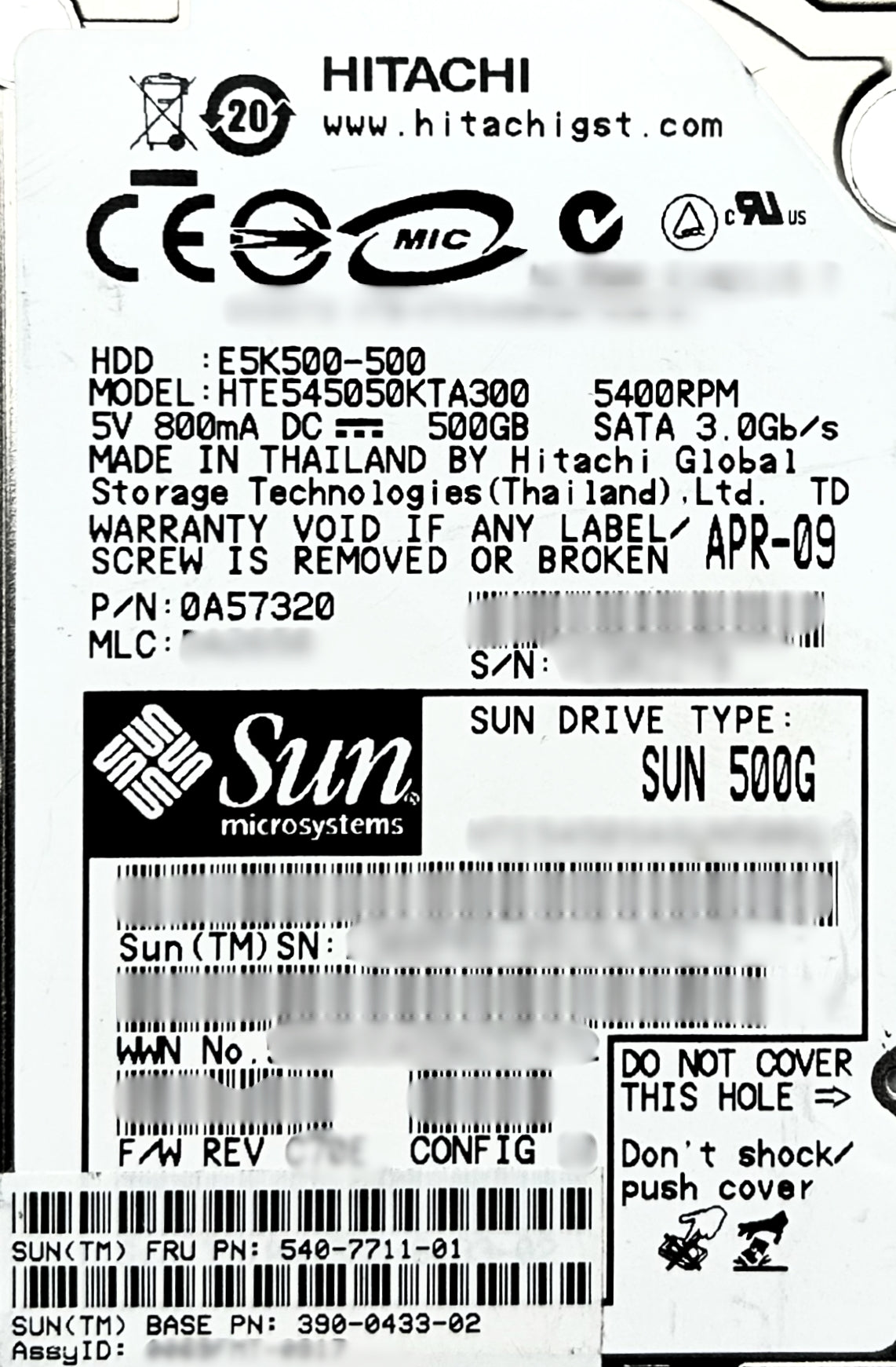 Sun Microsystems 540-7711 500GB 5.4K SATA SFF HDD