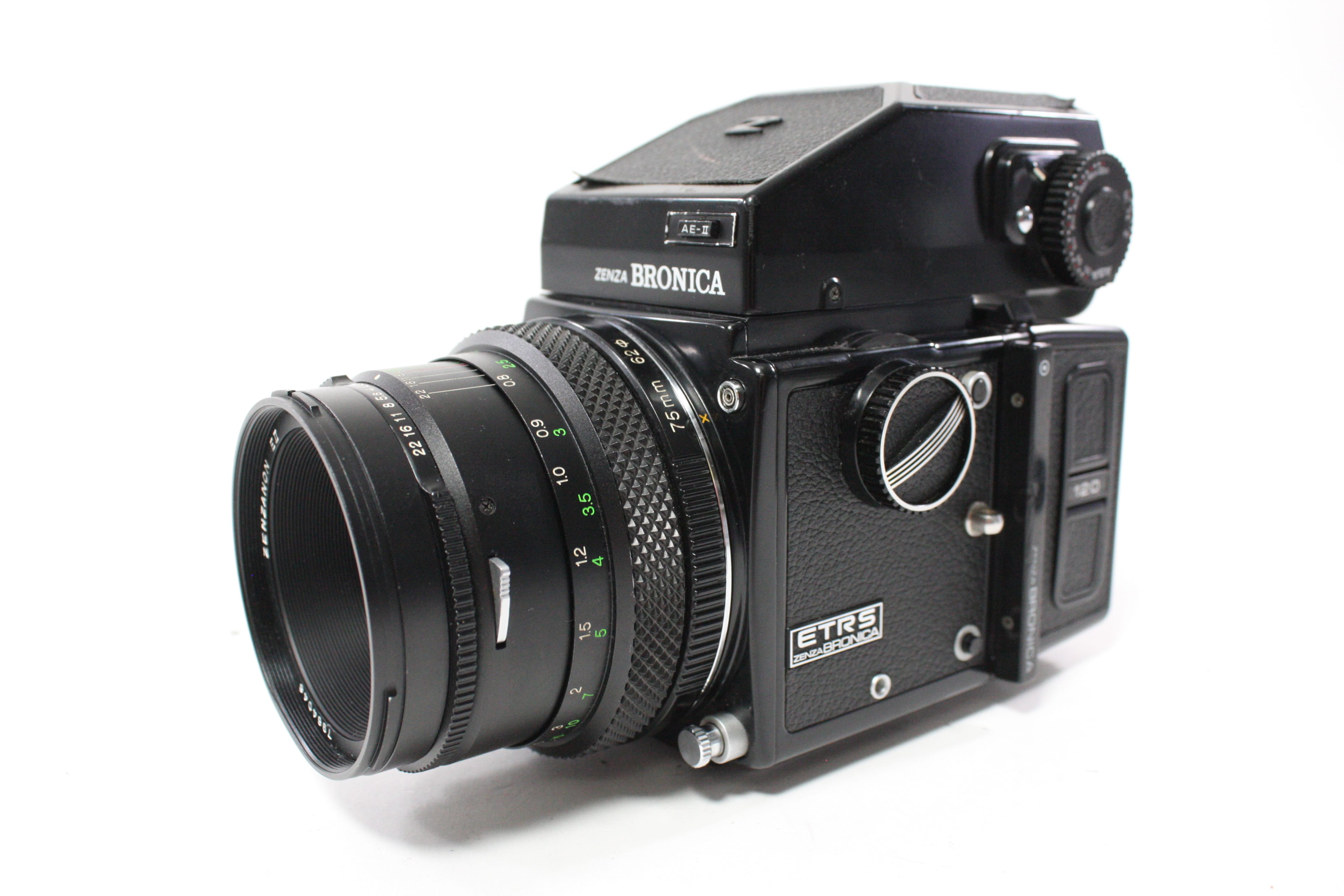 Zenza Bronica ETRS with Zenzanon EII 75mm f/2.8 Lens, 120 Film Back, and AE Prism