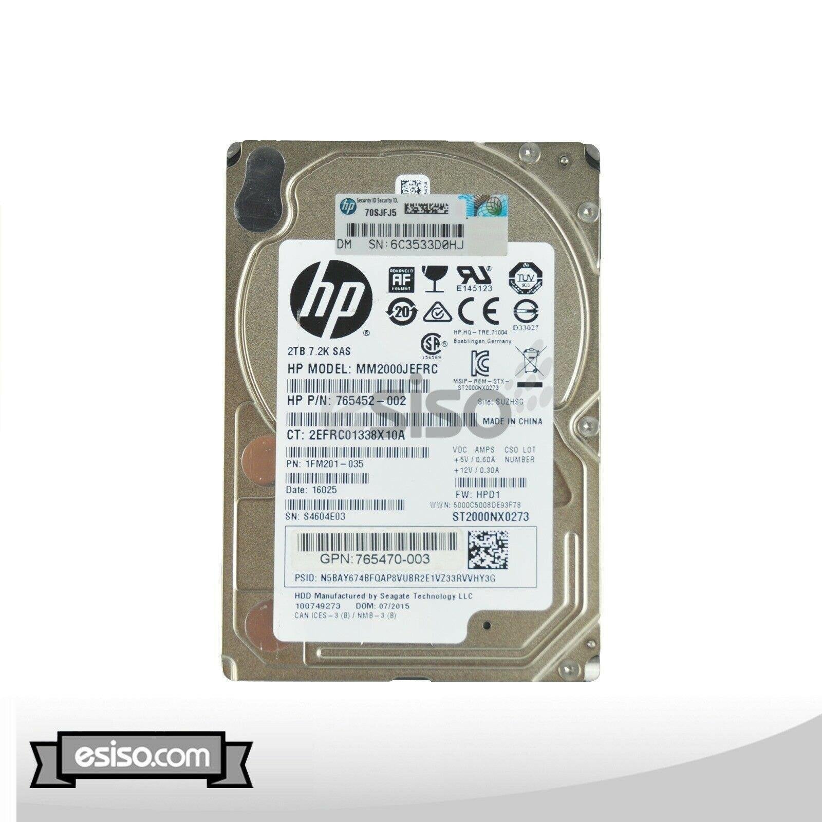 765452-002 MM2000JEFRC HP 2TB 12G 7.2K SFF 2.5'' SAS HDD HARD DRIVE - AloinfoUSA