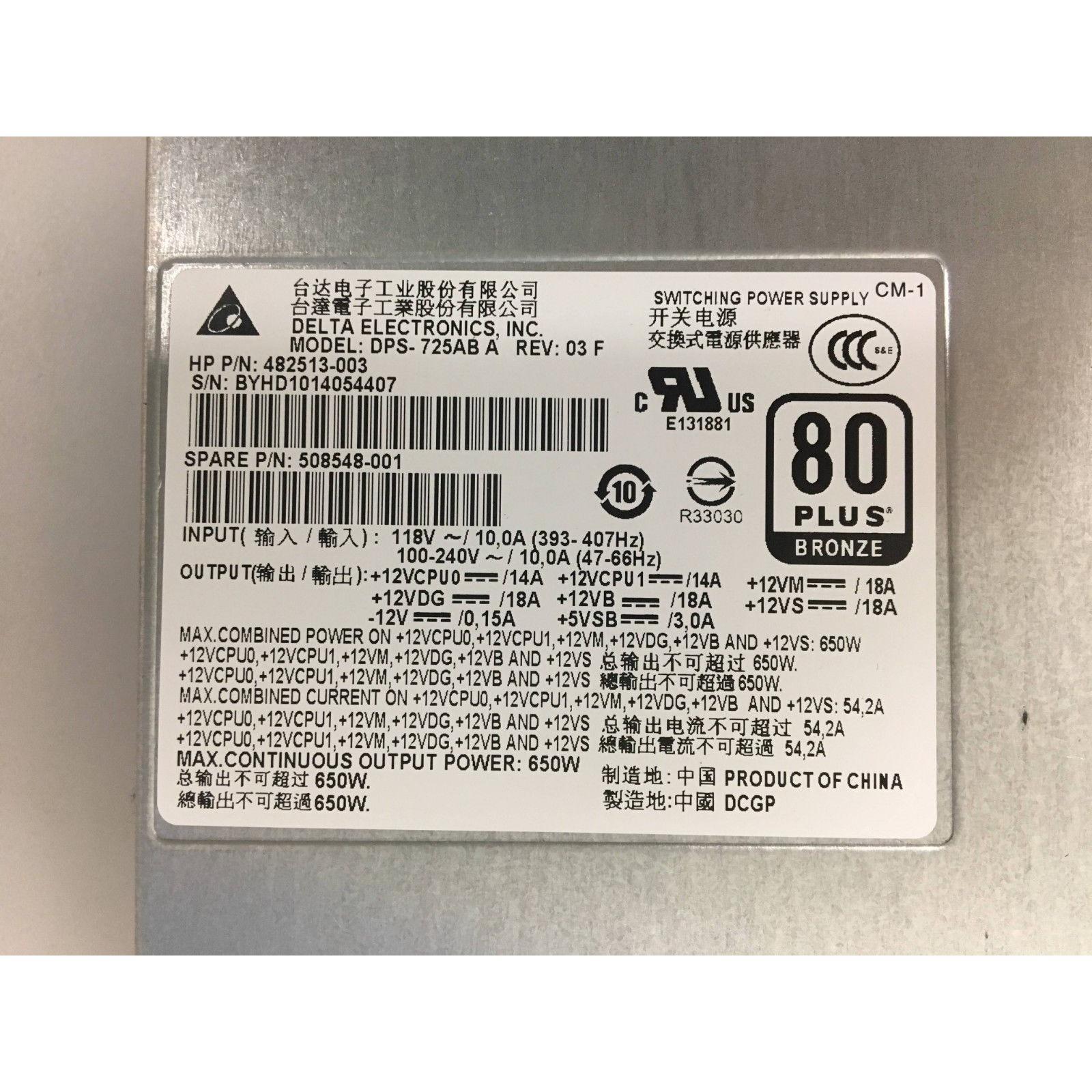 Fuente HP Z600 Workstation 650W Power Supply 482513-003 508548-001 Delta DPS-725AB - AloinfoUSA