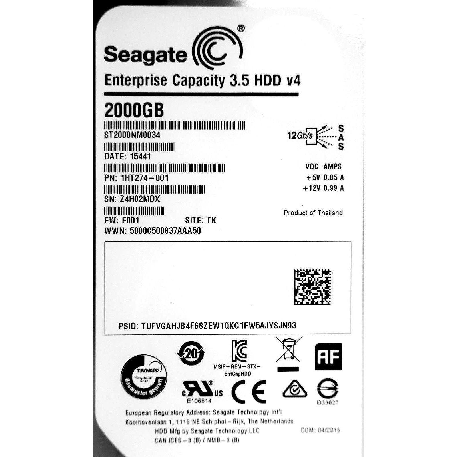 Seagate Enterprise Capacity 2TB ST2000NM0034 3.5" HDD v4 Drive SAS 12Gbs 128MB 763649049419 - AloinfoUSA