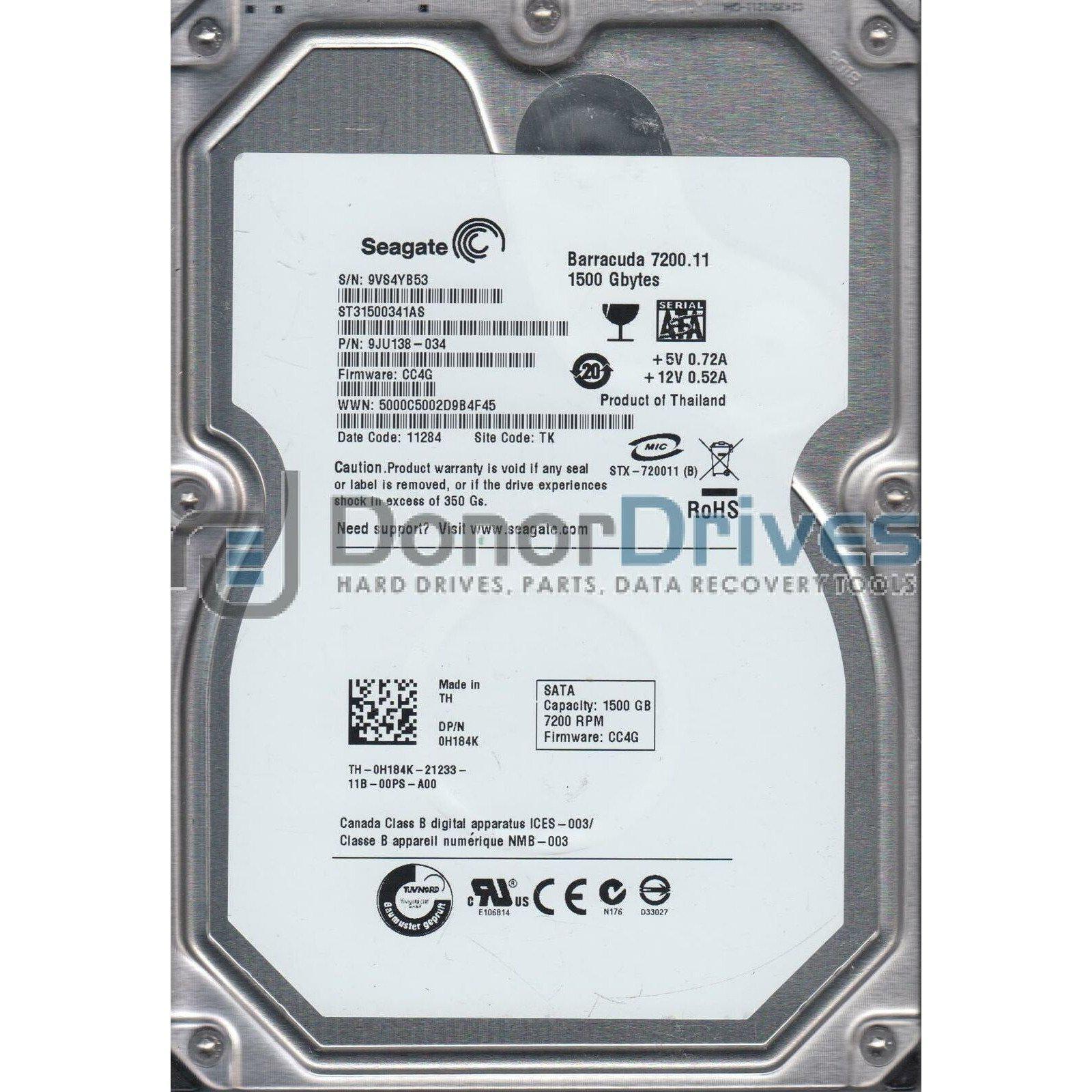 ST31500341AS, 9VS, TK, PN 9JU138-034, FW CC4G, Seagate 1.5TB SATA 3.5 Hard Drive - AloinfoUSA