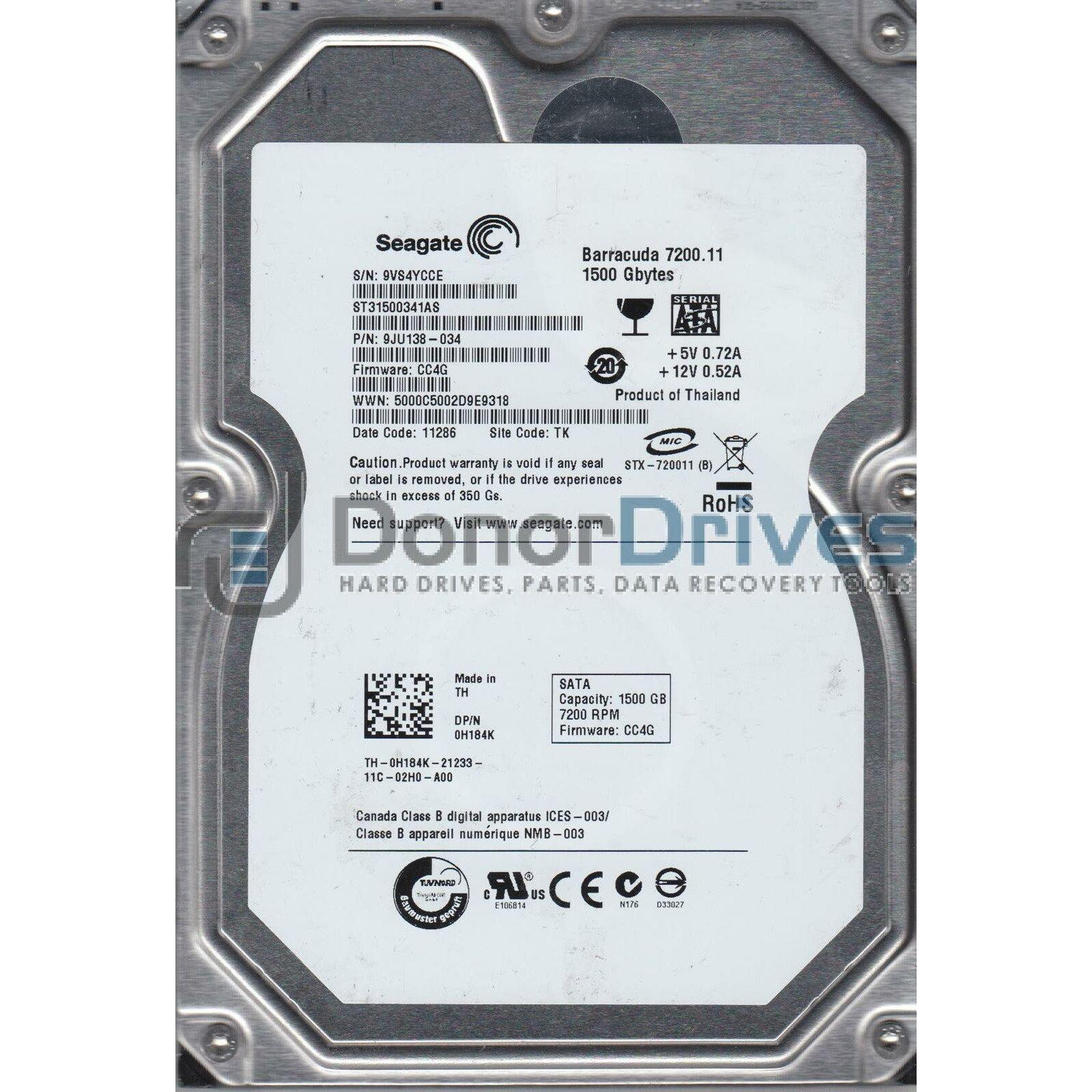 ST31500341AS, 9VS, TK, PN 9JU138-034, FW CC4G, Seagate 1.5TB SATA 3.5 Hard Drive - AloinfoUSA