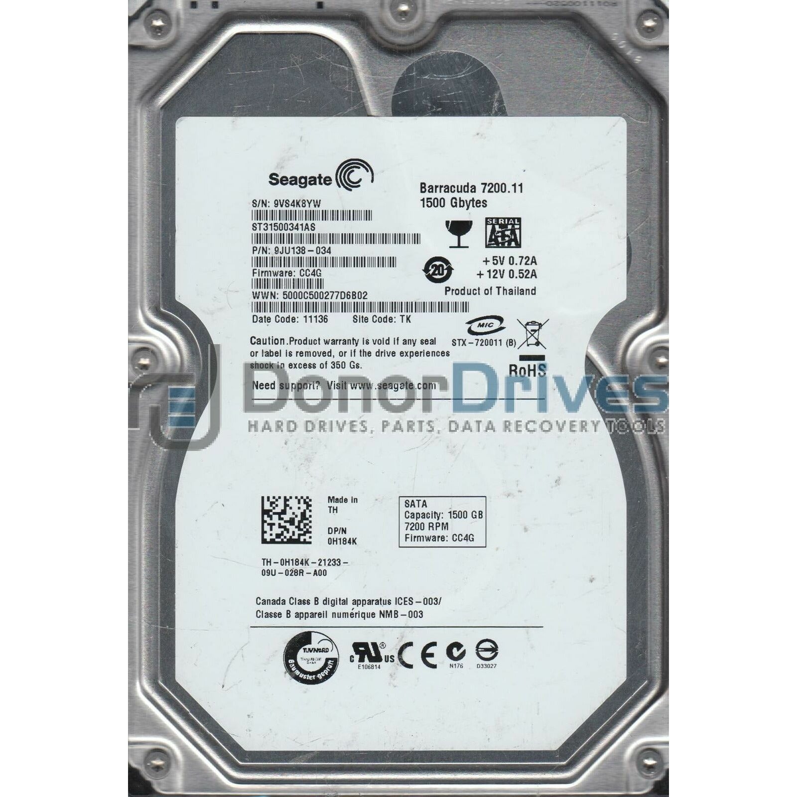 ST31500341AS, 9VS, TK, PN 9JU138-034, FW CC4G, Seagate 1.5TB SATA 3.5 Hard Drive - AloinfoUSA