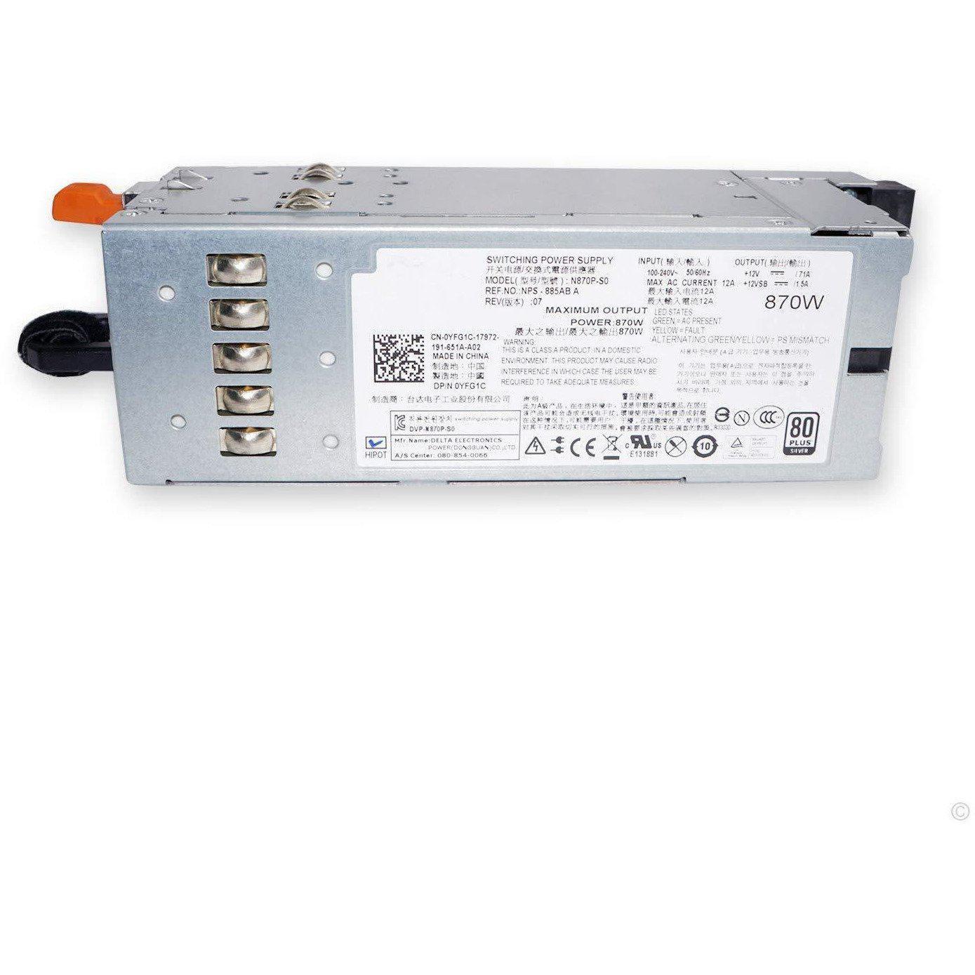 YFG1C 870W Server Power Supply for Dell PowerEdge R710 T610 for Dell PowerVault NX3000 DL2100 Compatible Part Number 3257W D263K 7NVX8 VT6G4 PT164 N870P-S0 NPS-885AB A870P-00 - AloinfoUSA